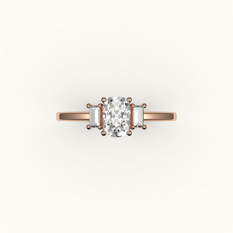 Elongated Cushion Cut Three-Stone Setting with Vertical Baguettes