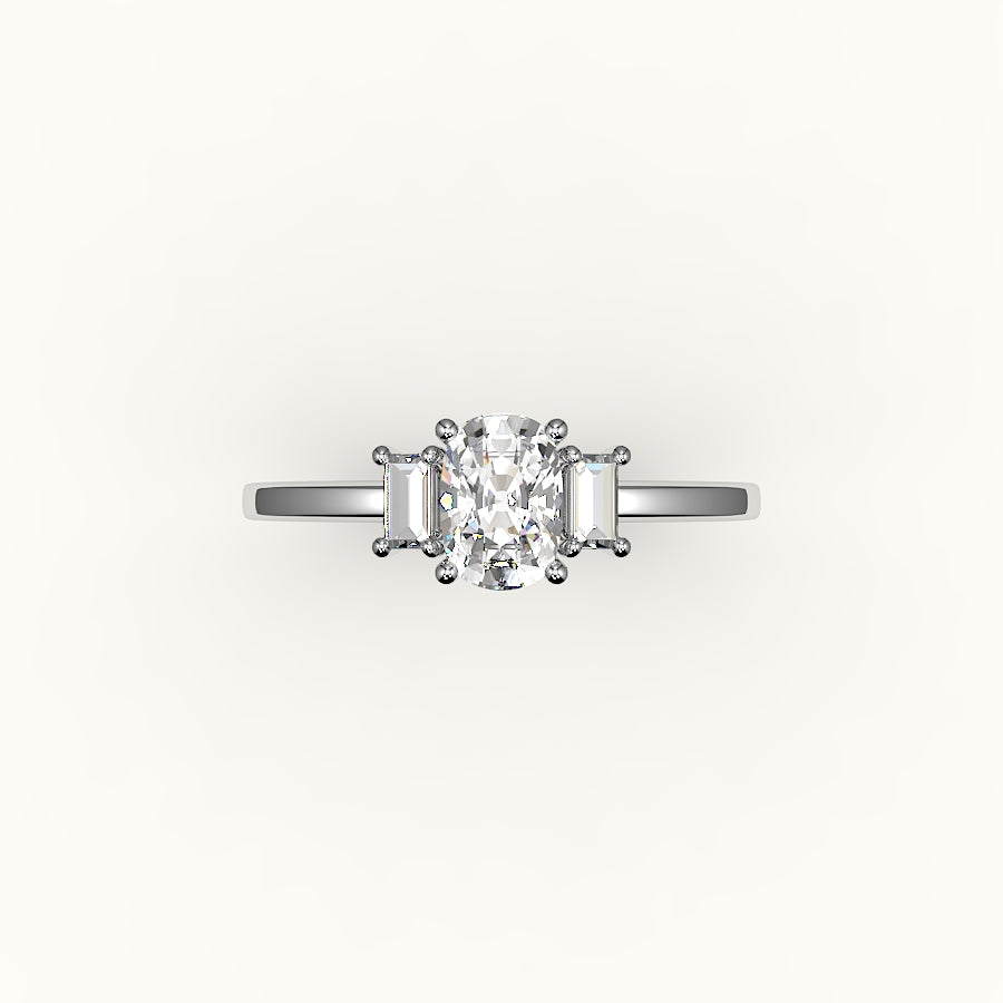 Elongated Cushion Cut Three-Stone Setting with Vertical Baguettes