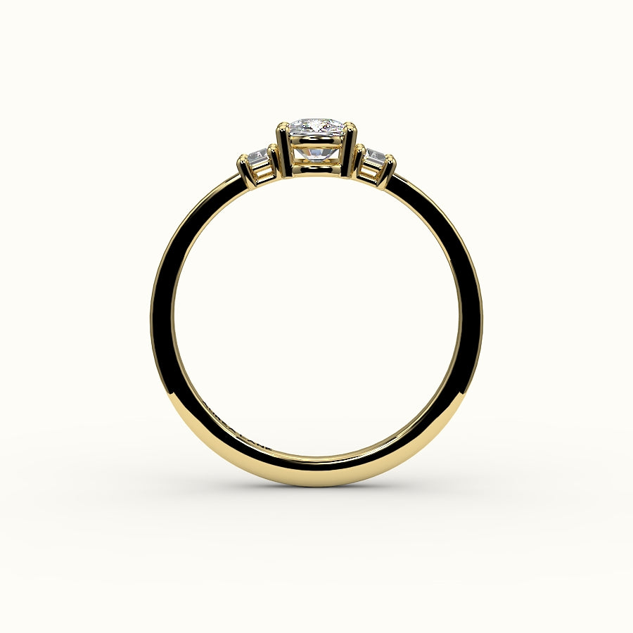Elongated Cushion Cut Three-Stone Setting with Vertical Baguettes