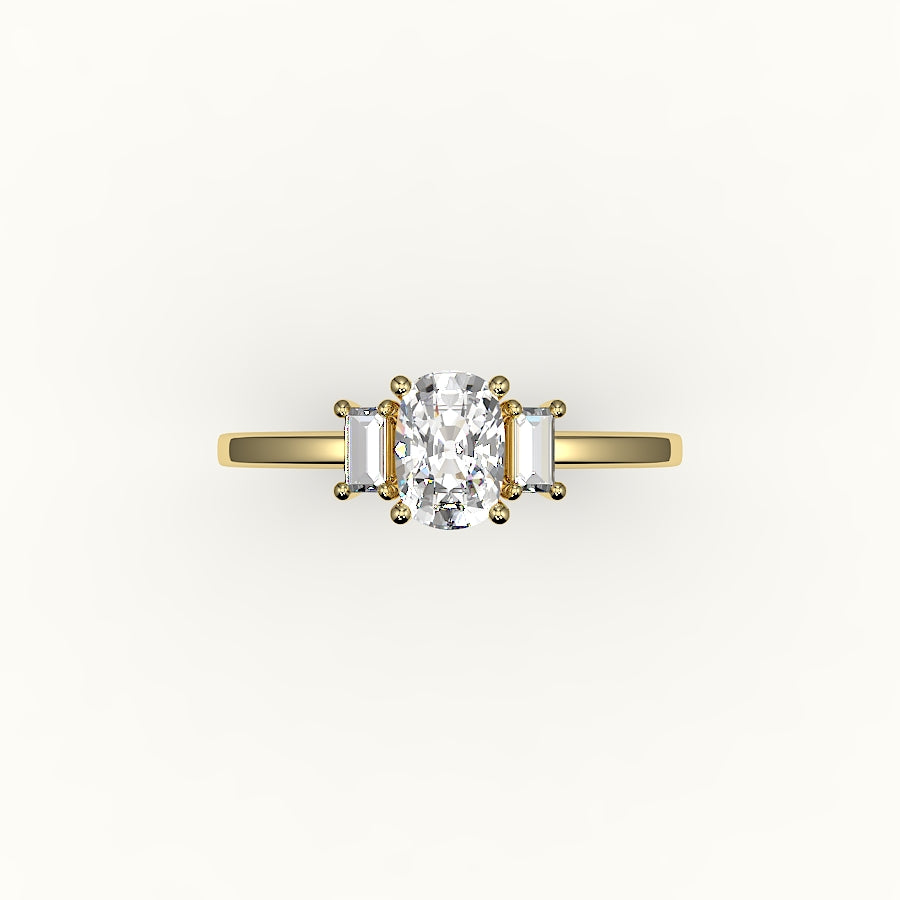 Elongated Cushion Cut Three-Stone Setting with Vertical Baguettes