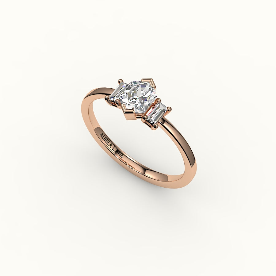 Hexagon Cut Three-Stone Setting with Vertical Baguettes