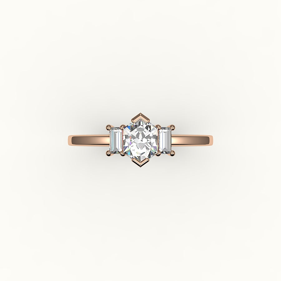 Hexagon Cut Three-Stone Setting with Vertical Baguettes