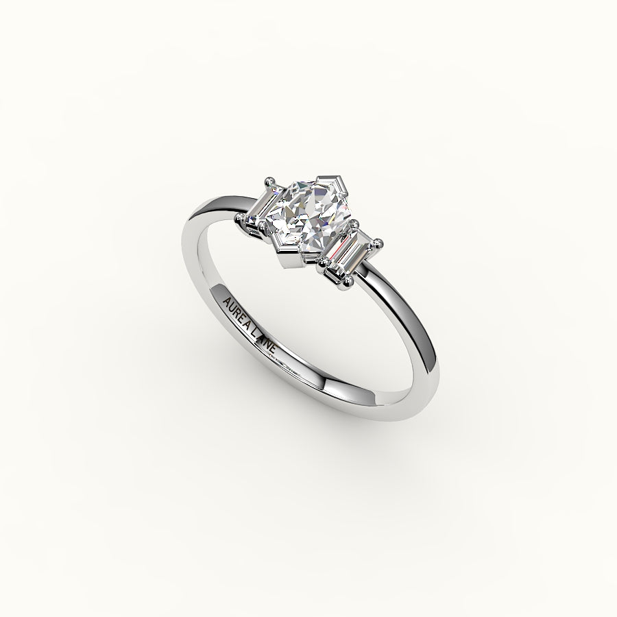 Hexagon Cut Three-Stone Setting with Vertical Baguettes