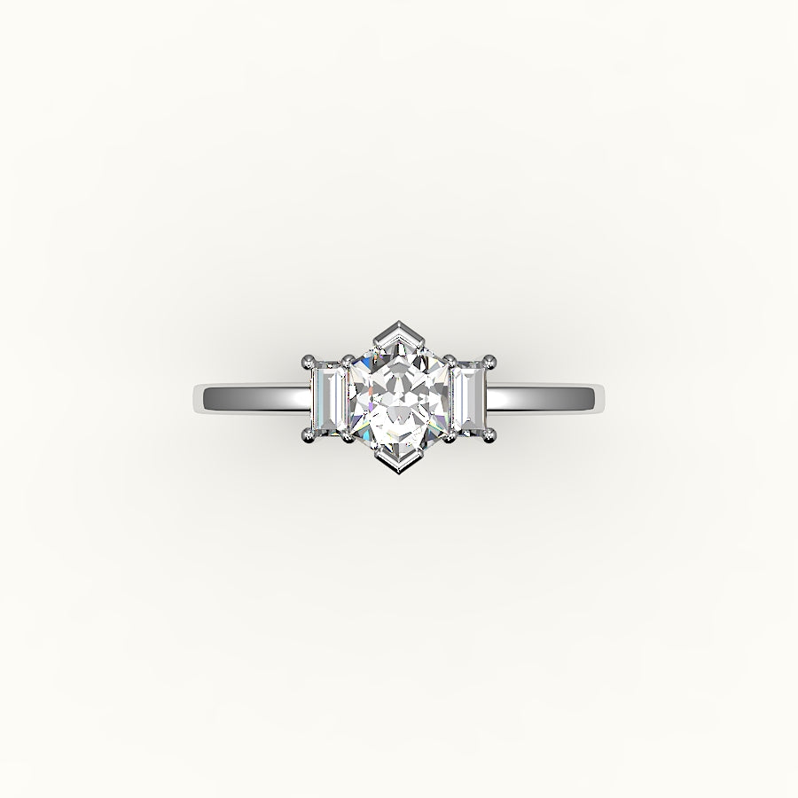 Hexagon Cut Three-Stone Setting with Vertical Baguettes