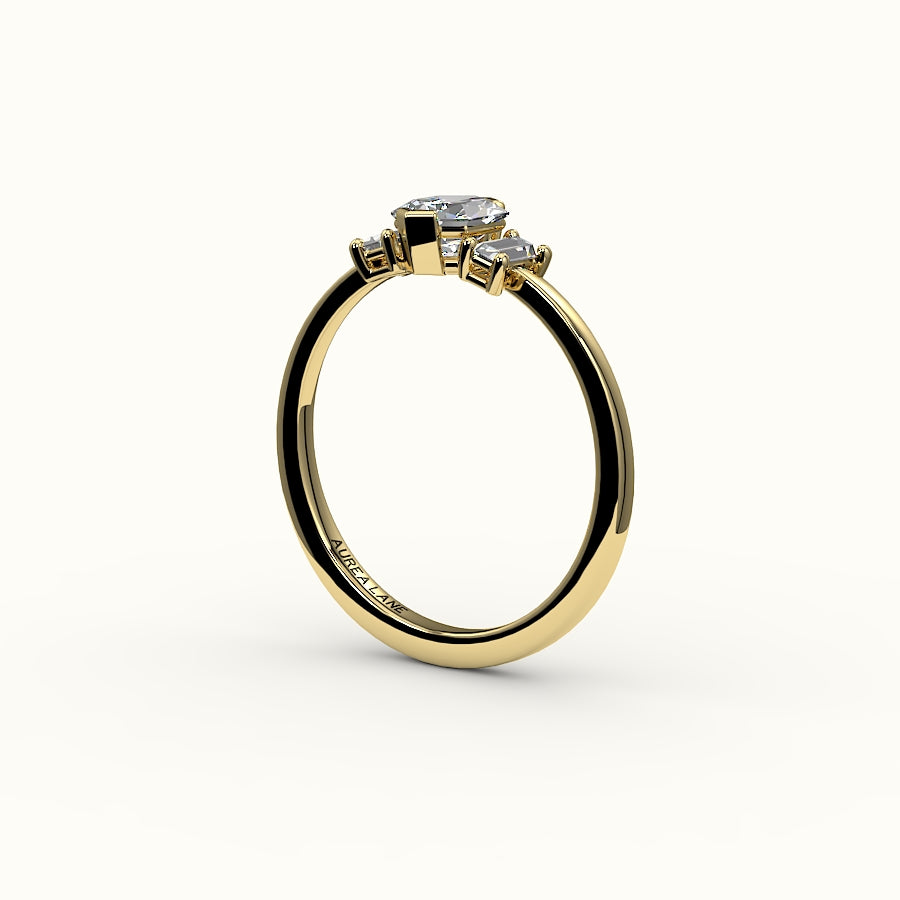 Hexagon Cut Three-Stone Setting with Vertical Baguettes