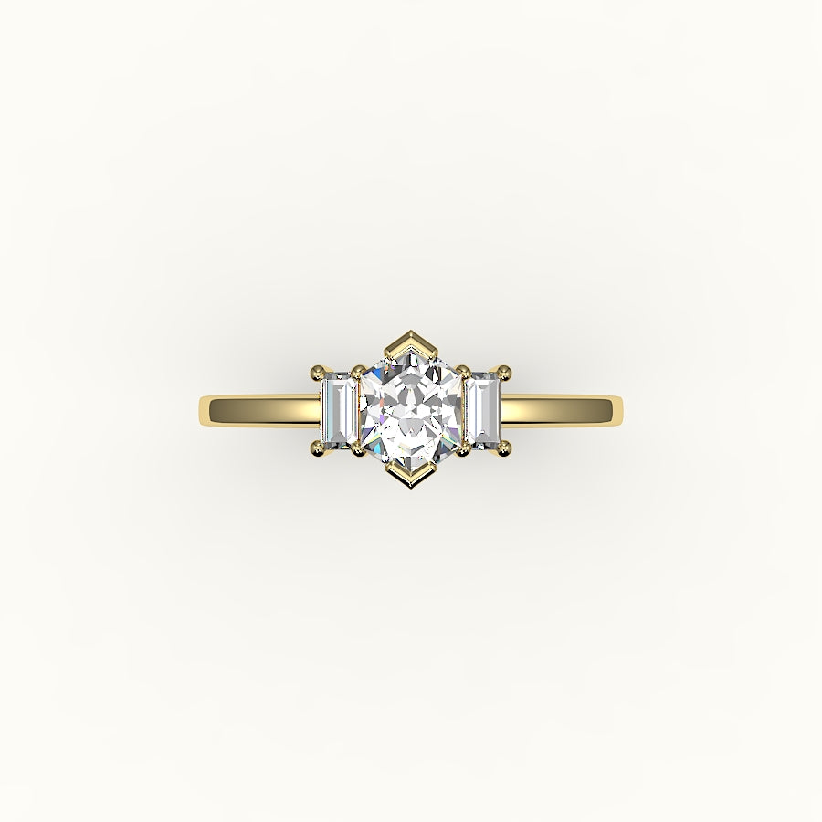 Hexagon Cut Three-Stone Setting with Vertical Baguettes