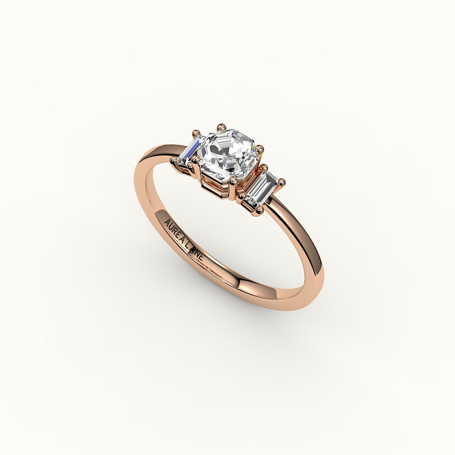 Octagon Cut Three-Stone Setting with Vertical Baguettes