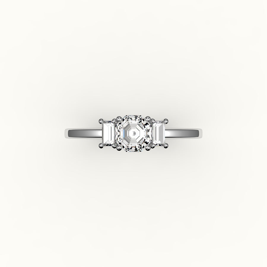Octagon Cut Three-Stone Setting with Vertical Baguettes