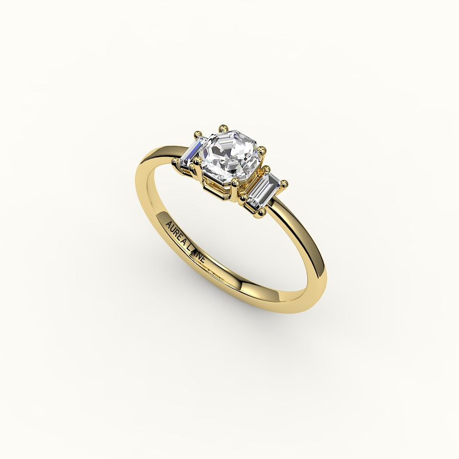 Octagon Cut Three-Stone Setting with Vertical Baguettes