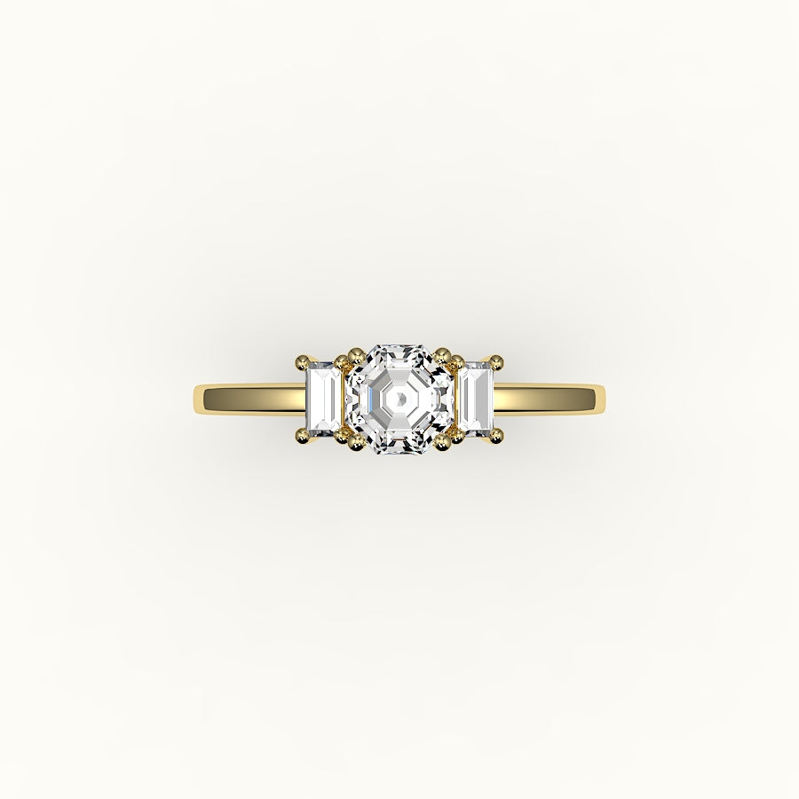 Octagon Cut Three-Stone Setting with Vertical Baguettes