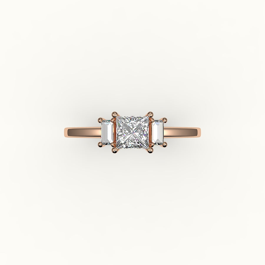 Princess Cut Three-Stone Setting with Vertical Baguettes
