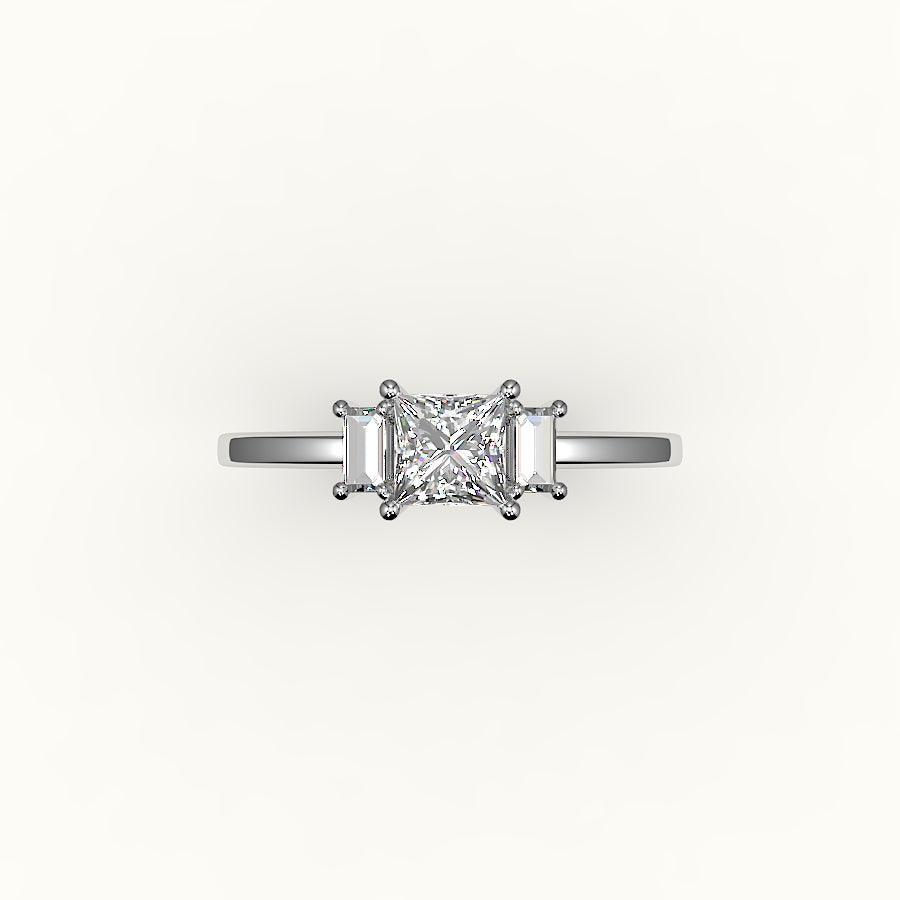 Princess Cut Three-Stone Setting with Vertical Baguettes