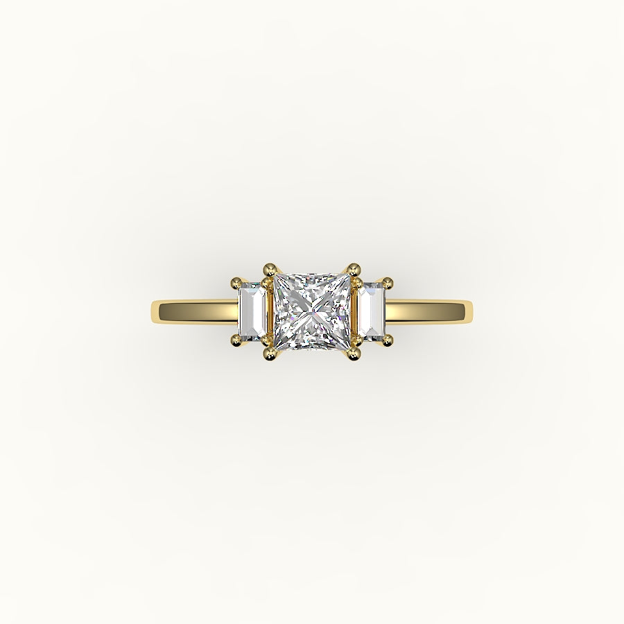 Princess Cut Three-Stone Setting with Vertical Baguettes