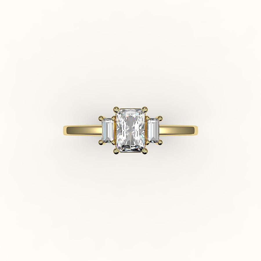 Radiant Cut Three-Stone Setting with Vertical Baguettes