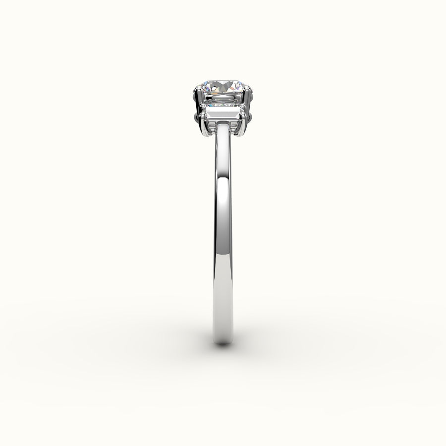Round Cut Three-Stone Setting with Vertical Baguettes