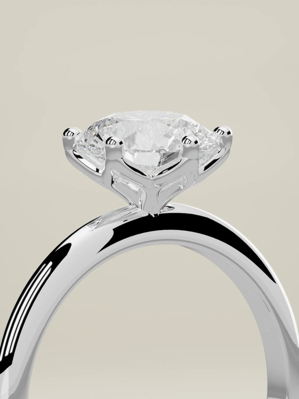 The Dalia, solitario con diamante redondo de laboratorio en oro blanco 14K, de pie, vista de tres cuartos