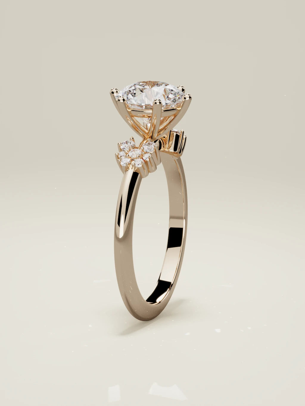 The Flora, solitario con diamante redondo de laboratorio en oro rosa 14K, de pie, vista frontal