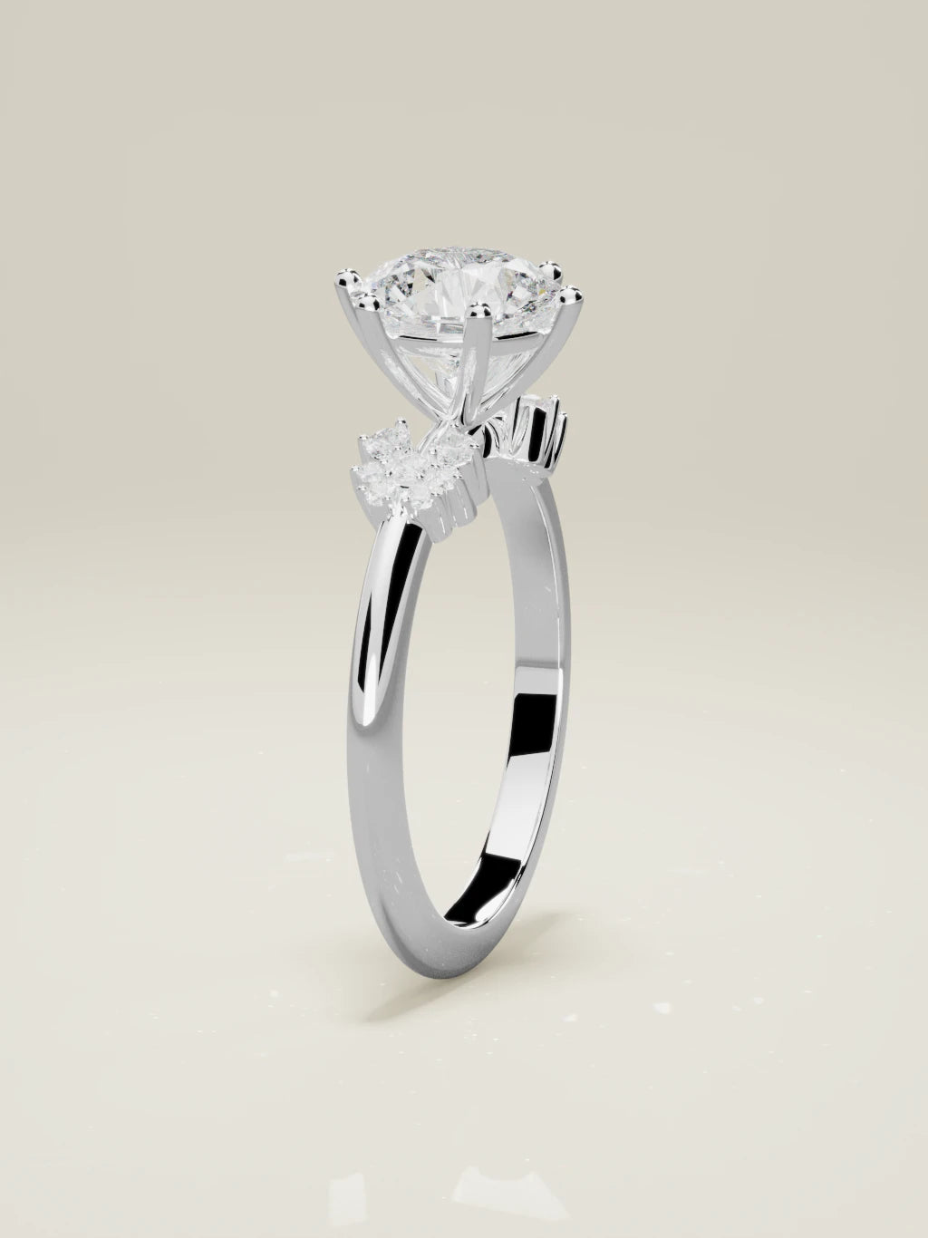 The Flora, solitario con diamante redondo de laboratorio en oro blanco 14K, de pie, vista frontal
