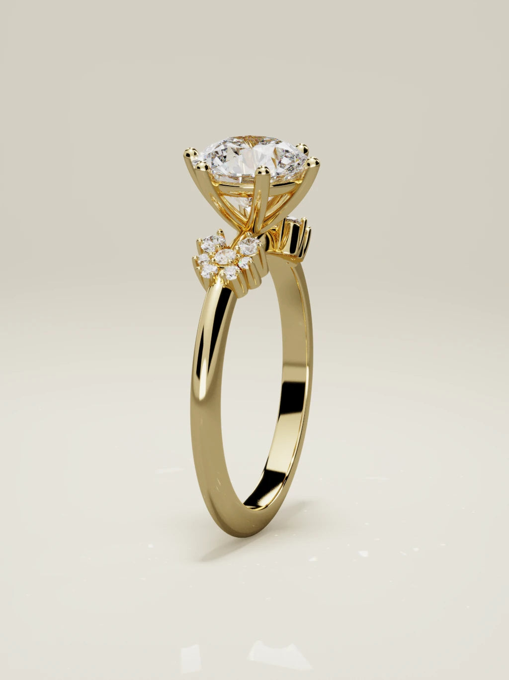 The Flora, solitario con diamante redondo de laboratorio en oro amarillo 14K, de pie, vista frontal