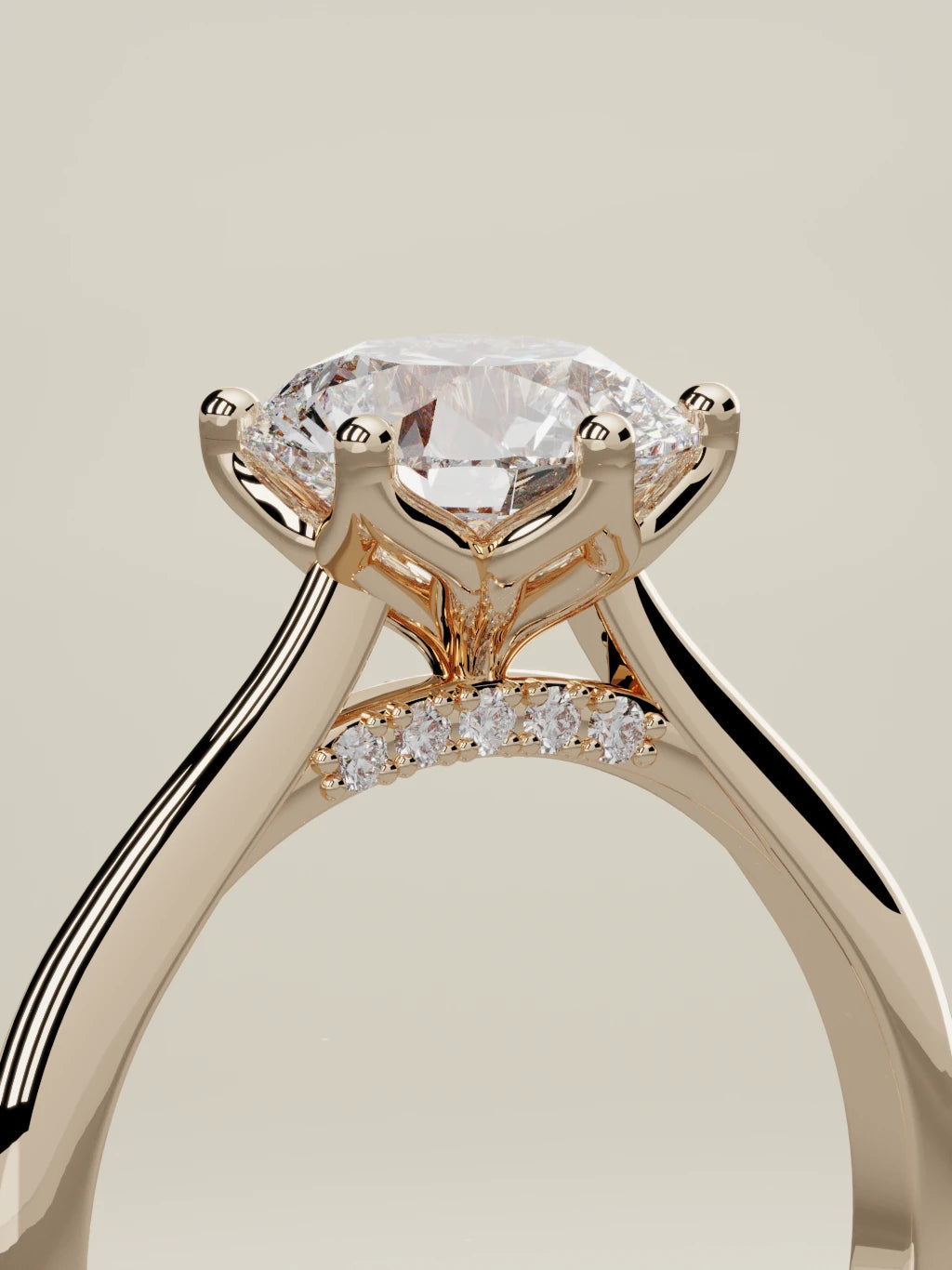 The Iris round lab-grown diamond solitaire in 14K rose gold, standing three-quarter view