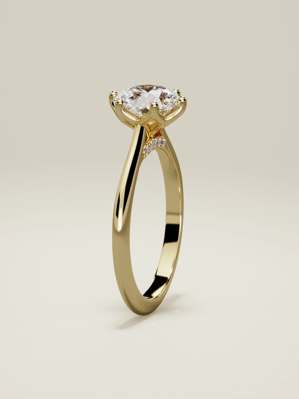 The Iris round lab-grown diamond solitaire in 14K yellow gold, standing front view