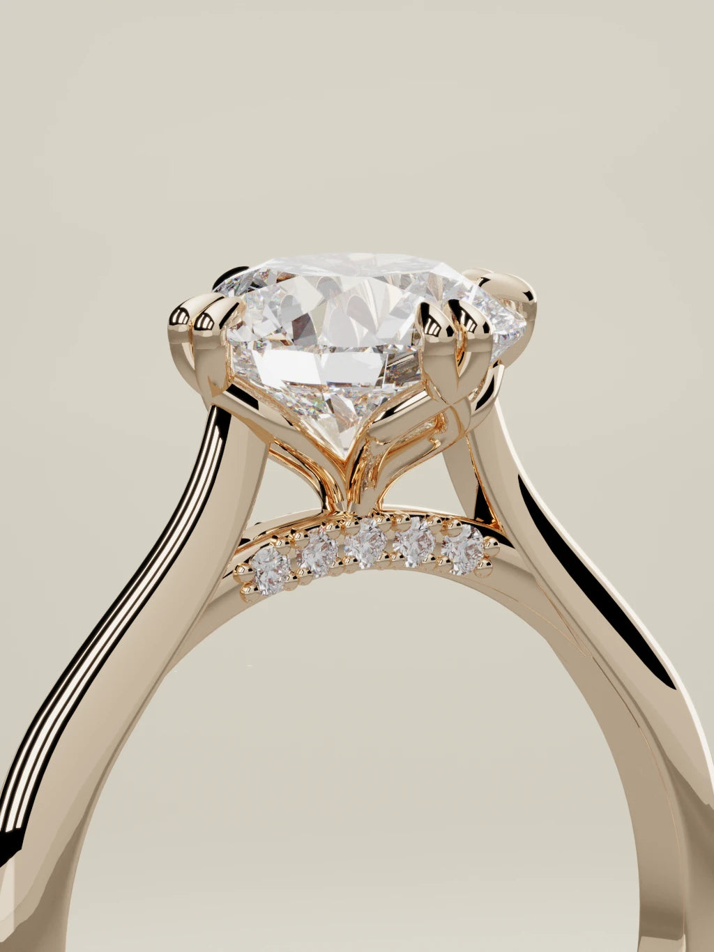 The Jazmin, solitario con diamante redondo de laboratorio en oro rosa 14K, de pie, vista de tres cuartos