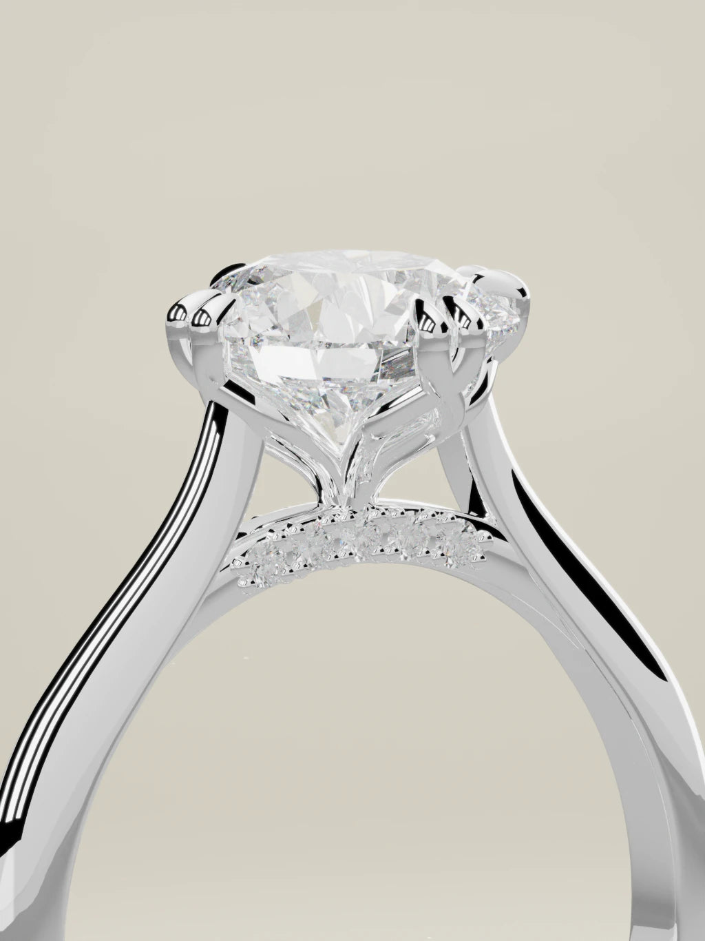The Jazmin, solitario con diamante redondo de laboratorio en oro blanco 14K, de pie, vista de tres cuartos