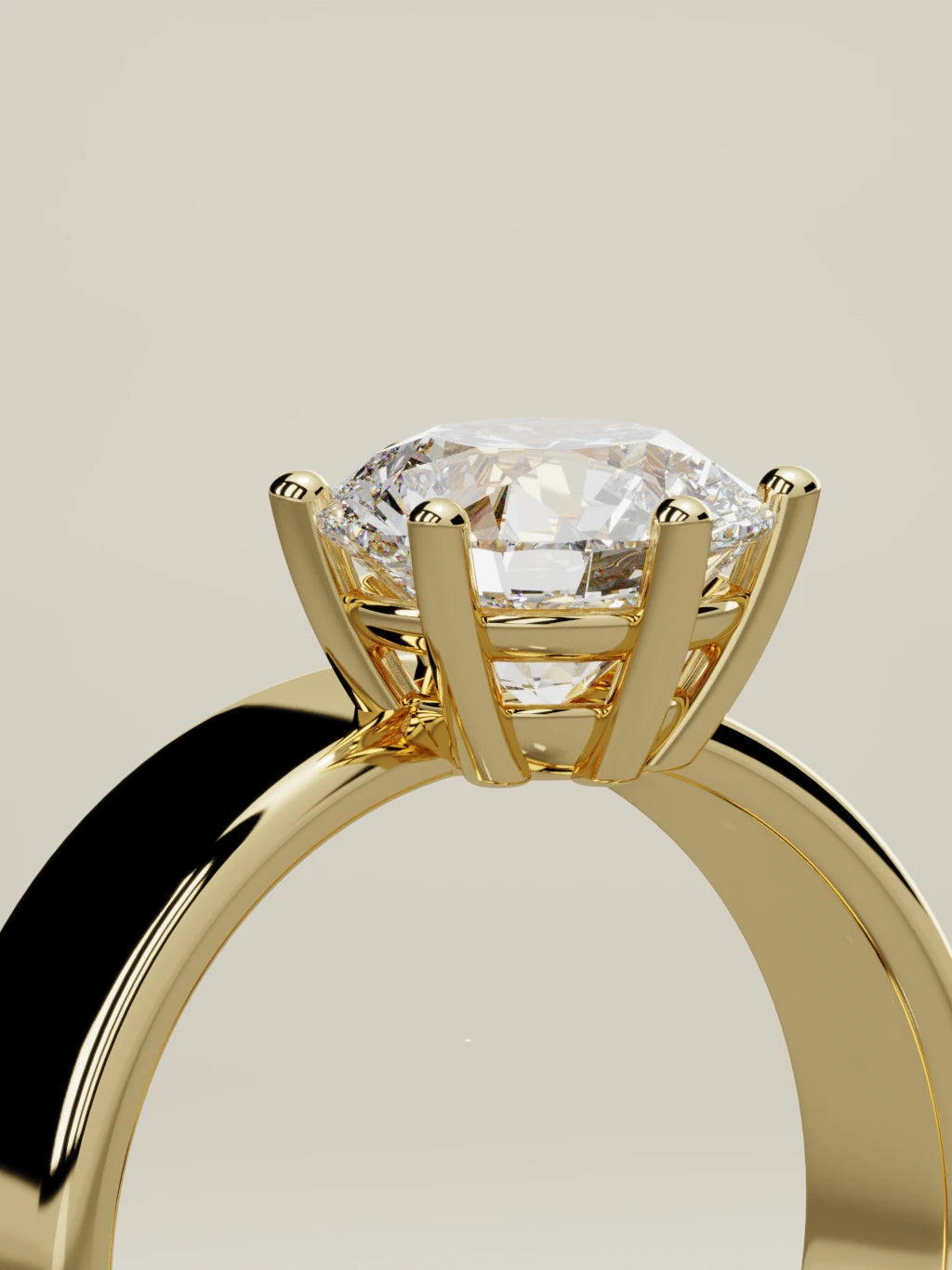 The Joya, solitario con diamante redondo de laboratorio en oro amarillo 14K, de pie, vista de tres cuartos