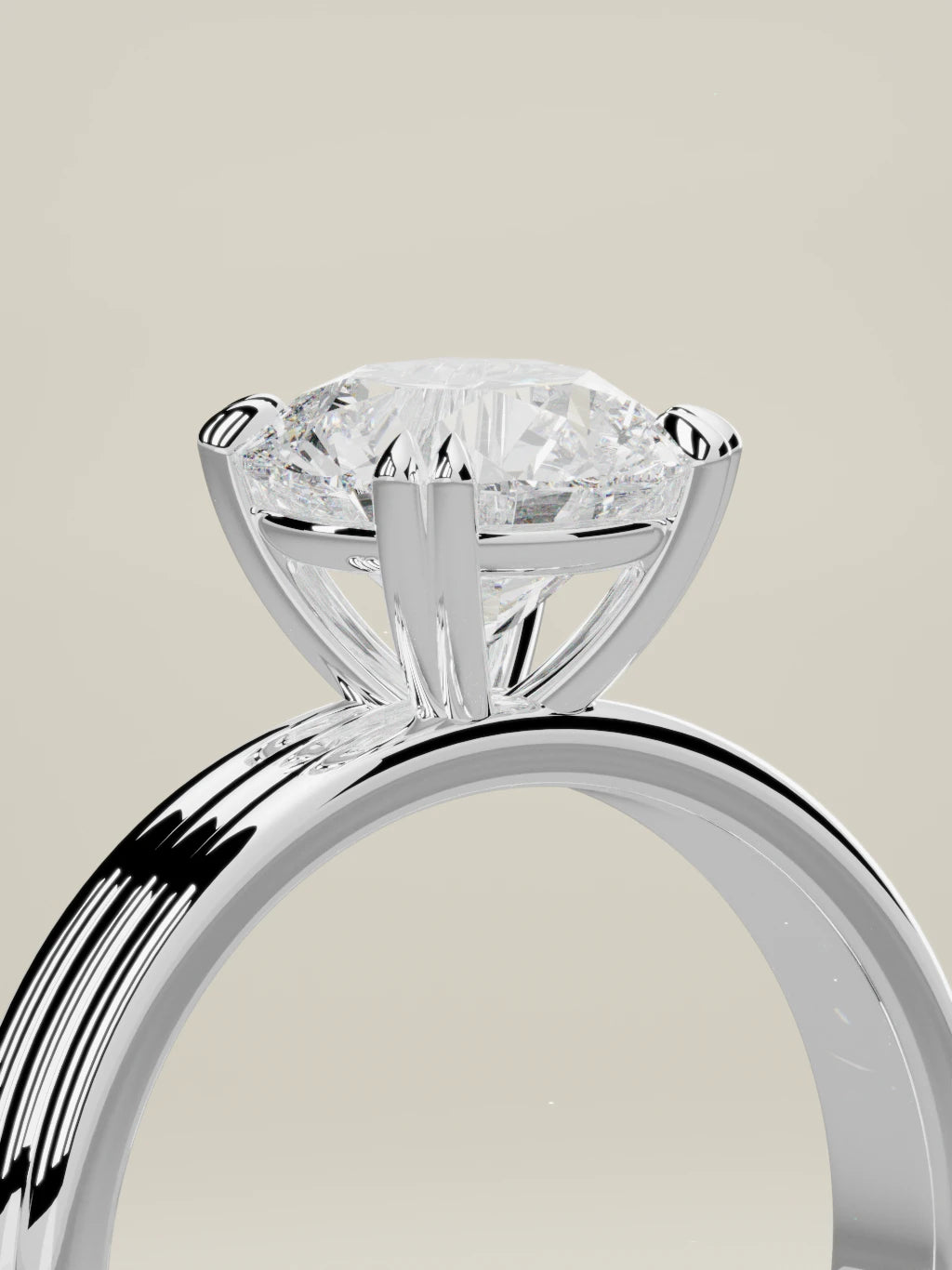 The Lira, solitario con diamante redondo de laboratorio en oro blanco 14K, de pie, vista de tres cuartos