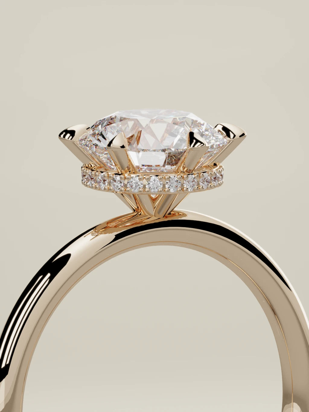 The Velo round lab-grown diamond solitaire in 14K rose gold, standing three-quarter view