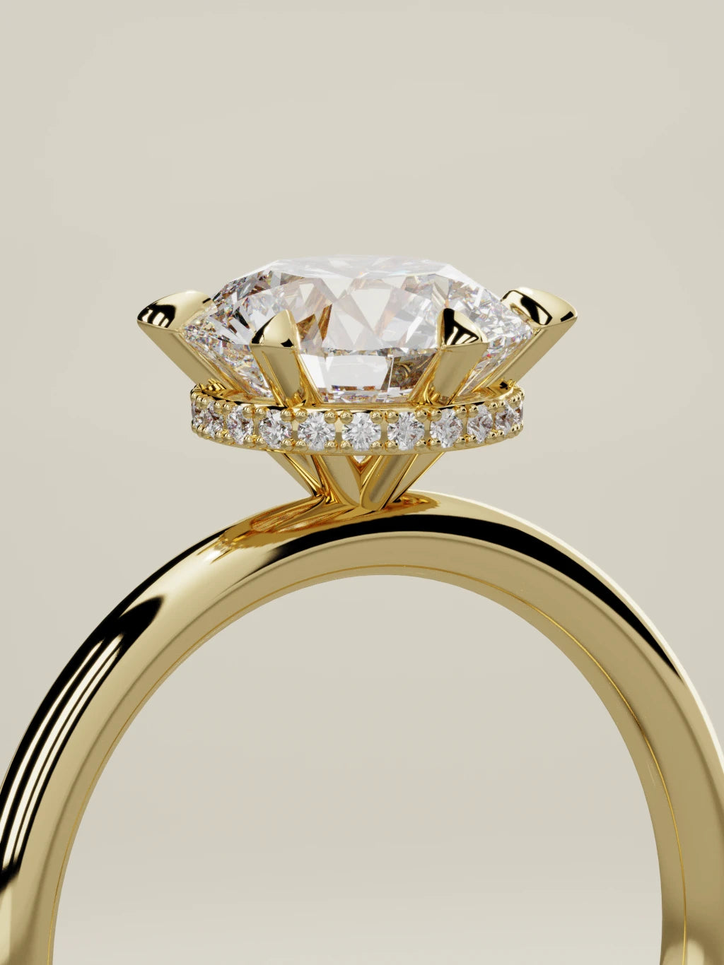 The Velo round lab-grown diamond solitaire in 14K yellow gold, standing three-quarter view