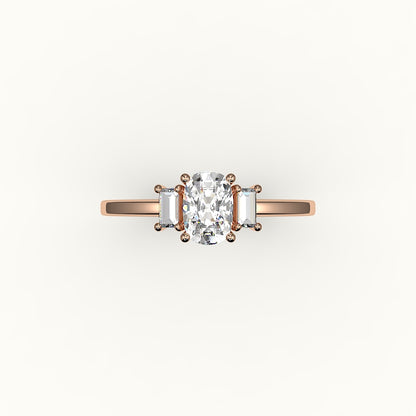 Elongated Cushion Cut Three-Stone Setting with Vertical Baguettes