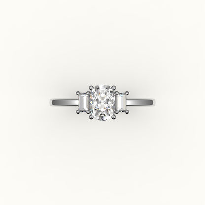 Elongated Cushion Cut Three-Stone Setting with Vertical Baguettes