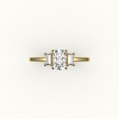 Elongated Cushion Cut Three-Stone Setting with Vertical Baguettes