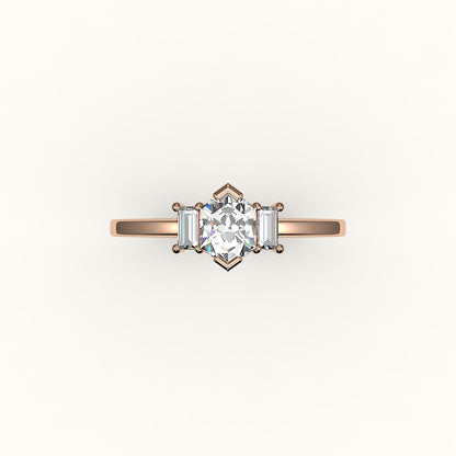 Hexagon Cut Three-Stone Setting with Vertical Baguettes