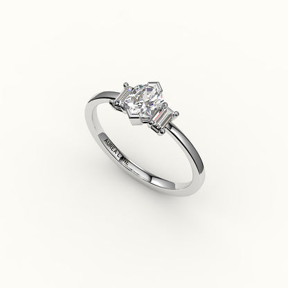 Hexagon Cut Three-Stone Setting with Vertical Baguettes