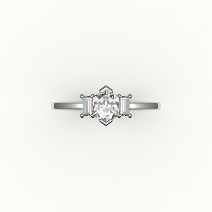 Hexagon Cut Three-Stone Setting with Vertical Baguettes