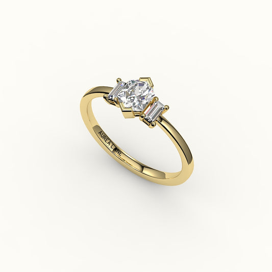 Hexagon Cut Three-Stone Setting with Vertical Baguettes