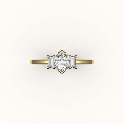 Hexagon Cut Three-Stone Setting with Vertical Baguettes